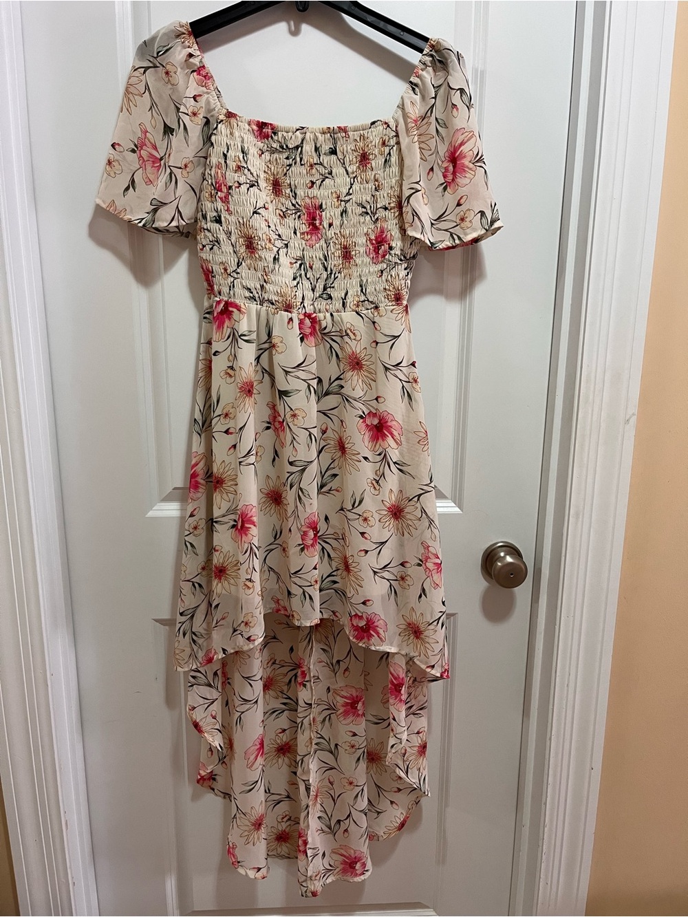 Lily Rose Cream Floral High-Low Dress with Pink Blooms